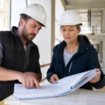 Professionnels du BTP vérifiant les documents d’un chantier