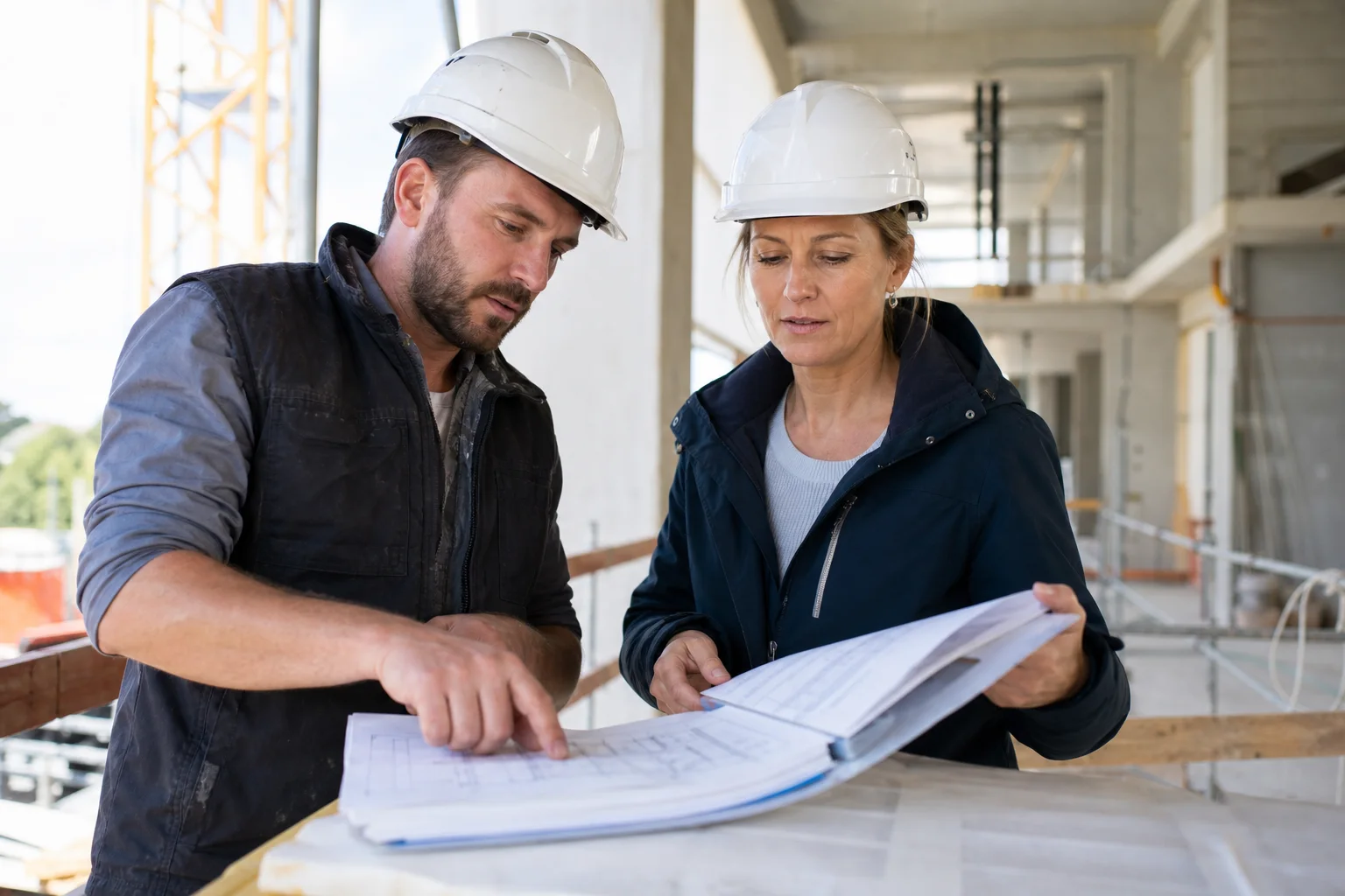 Professionnels du BTP vérifiant les documents d’un chantier