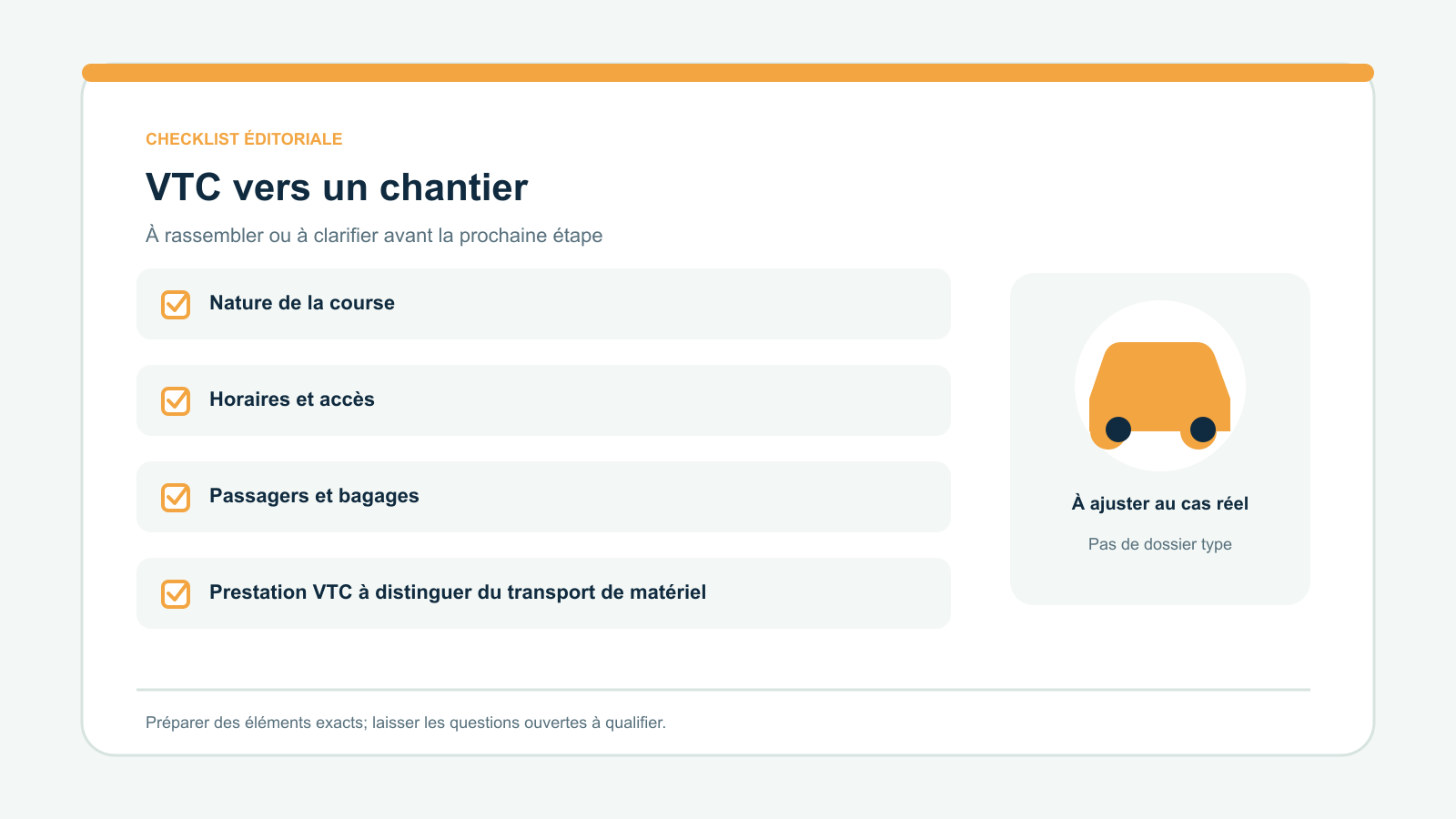 Checklist vectorielle originale de quatre points à examiner pour vtc vers un chantier : Nature de la course; Horaires et accès; Passagers et bagages; Prestation VTC à distinguer du transport de matériel. À adapter à la situation réelle.