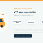 Illustration vectorielle originale représentant vtc vers un chantier avec un symbole éditorial et trois repères de préparation; aucun client, contrat ou résultat réel n’est représenté.