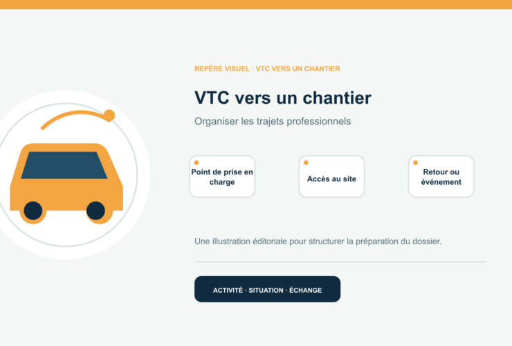 Illustration vectorielle originale représentant vtc vers un chantier avec un symbole éditorial et trois repères de préparation; aucun client, contrat ou résultat réel n’est représenté.