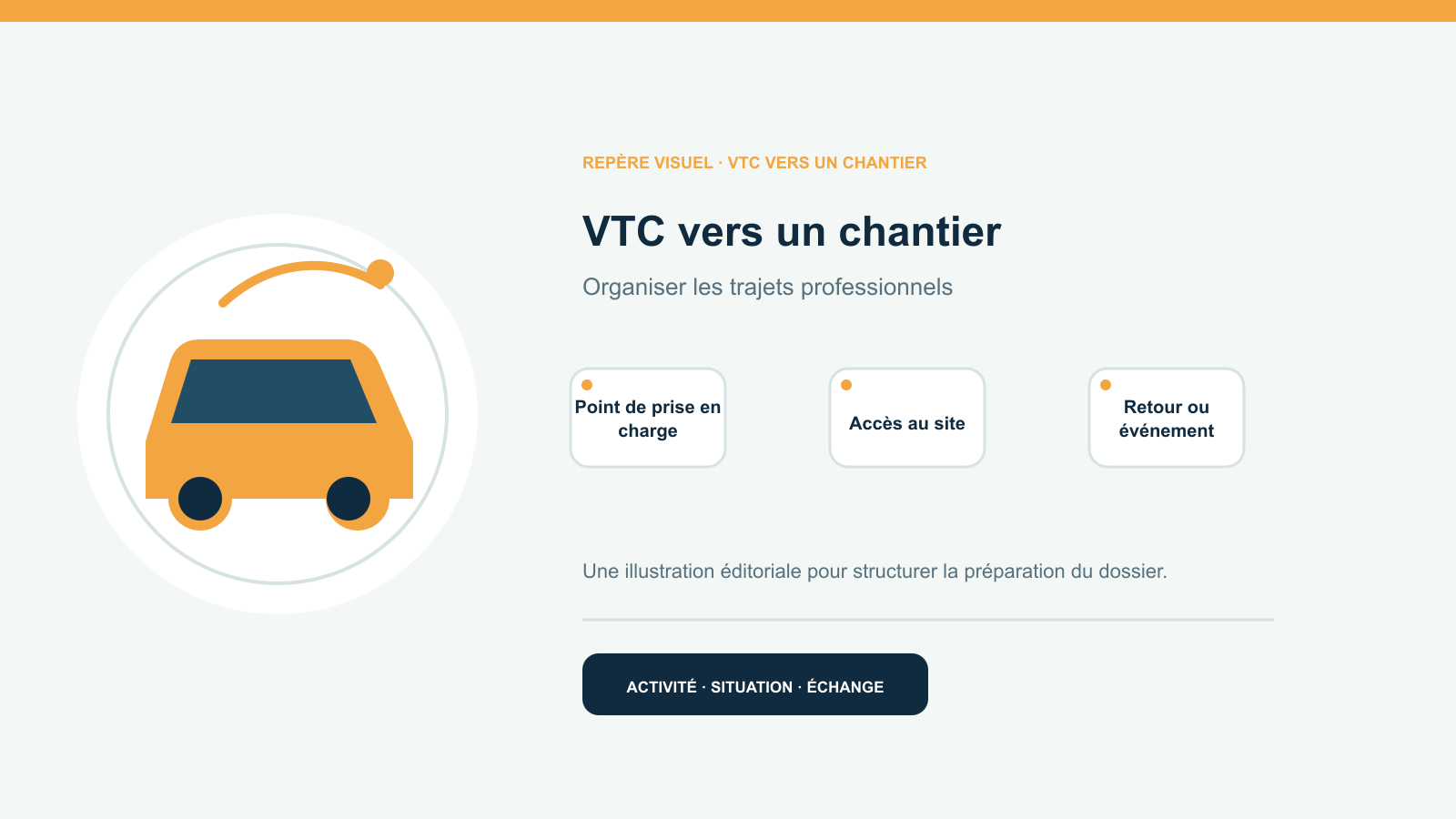 Illustration vectorielle originale représentant vtc vers un chantier avec un symbole éditorial et trois repères de préparation; aucun client, contrat ou résultat réel n’est représenté.