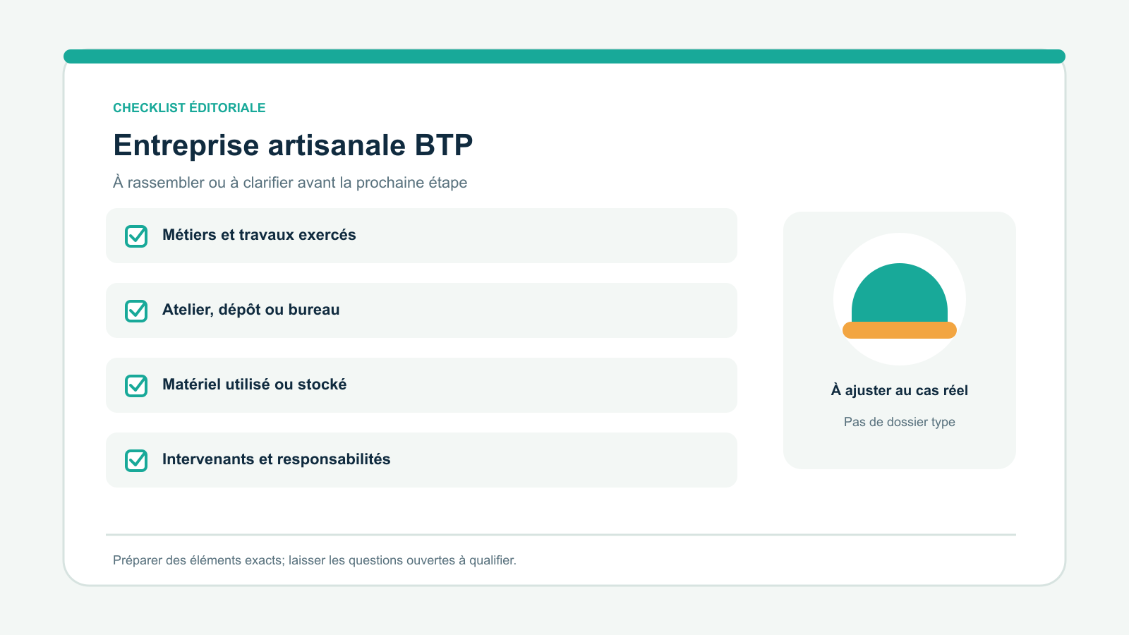 Checklist vectorielle originale de quatre points à examiner pour entreprise artisanale btp : Métiers et travaux exercés; Atelier, dépôt ou bureau; Matériel utilisé ou stocké; Intervenants et responsabilités. À adapter à la situation réelle.