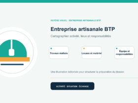 Illustration vectorielle originale représentant entreprise artisanale btp avec un symbole éditorial et trois repères de préparation; aucun client, contrat ou résultat réel n’est représenté.