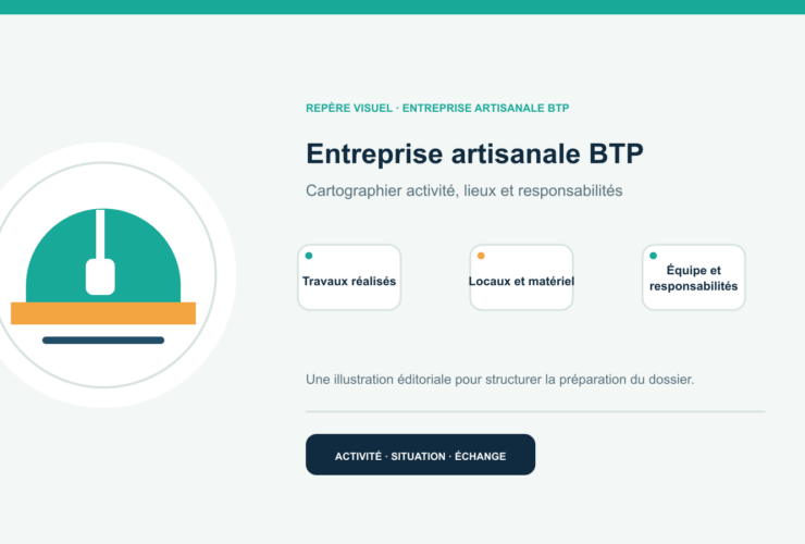 Illustration vectorielle originale représentant entreprise artisanale btp avec un symbole éditorial et trois repères de préparation; aucun client, contrat ou résultat réel n’est représenté.