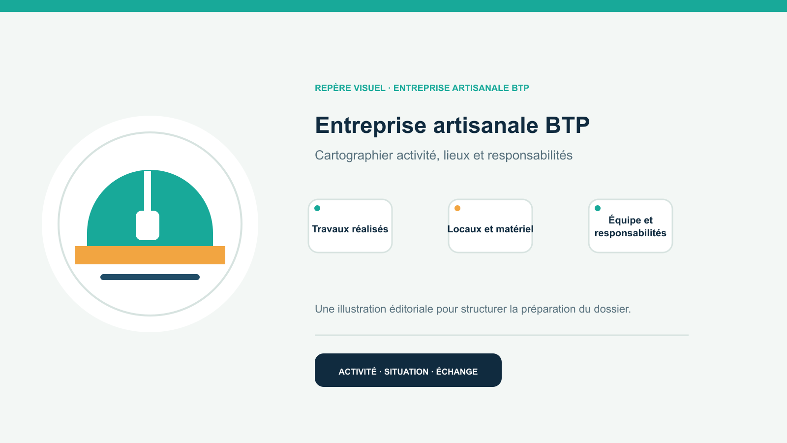 Illustration vectorielle originale représentant entreprise artisanale btp avec un symbole éditorial et trois repères de préparation; aucun client, contrat ou résultat réel n’est représenté.