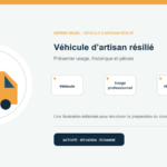 Illustration vectorielle originale représentant véhicule d’artisan résilié avec un symbole éditorial et trois repères de préparation; aucun client, contrat ou résultat réel n’est représenté.
