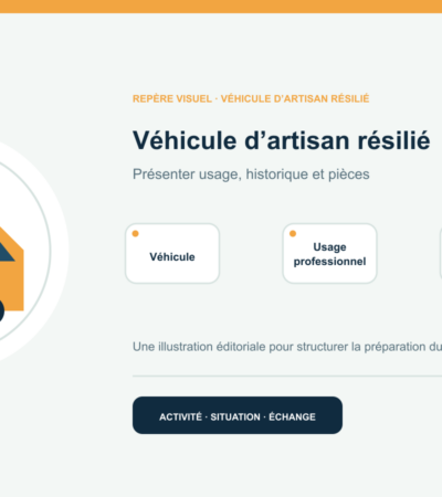 Illustration vectorielle originale représentant véhicule d’artisan résilié avec un symbole éditorial et trois repères de préparation; aucun client, contrat ou résultat réel n’est représenté.