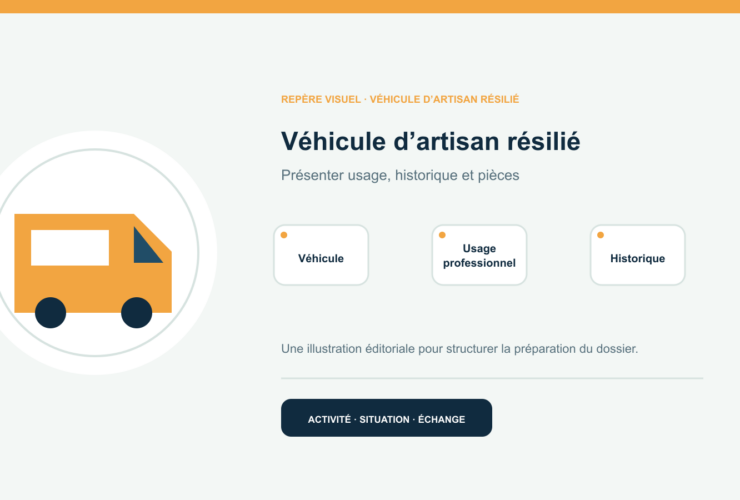 Illustration vectorielle originale représentant véhicule d’artisan résilié avec un symbole éditorial et trois repères de préparation; aucun client, contrat ou résultat réel n’est représenté.
