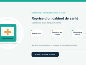 Illustration vectorielle originale représentant reprise d’un cabinet de santé avec un symbole éditorial et trois repères de préparation; aucun client, contrat ou résultat réel n’est représenté.
