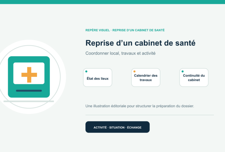 Illustration vectorielle originale représentant reprise d’un cabinet de santé avec un symbole éditorial et trois repères de préparation; aucun client, contrat ou résultat réel n’est représenté.