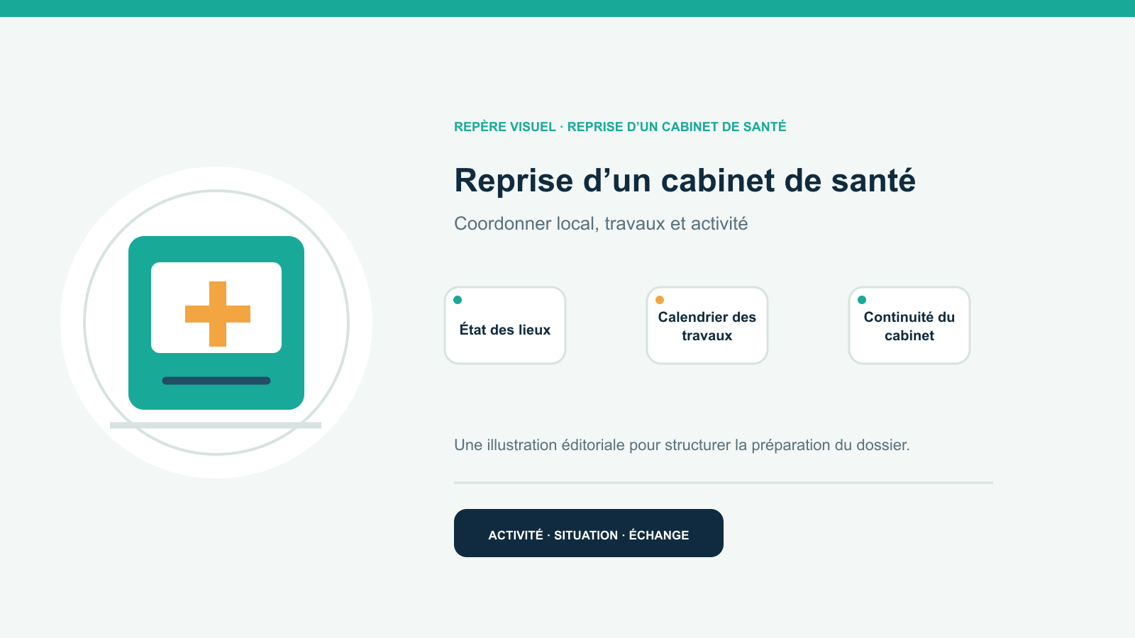 Illustration vectorielle originale représentant reprise d’un cabinet de santé avec un symbole éditorial et trois repères de préparation; aucun client, contrat ou résultat réel n’est représenté.