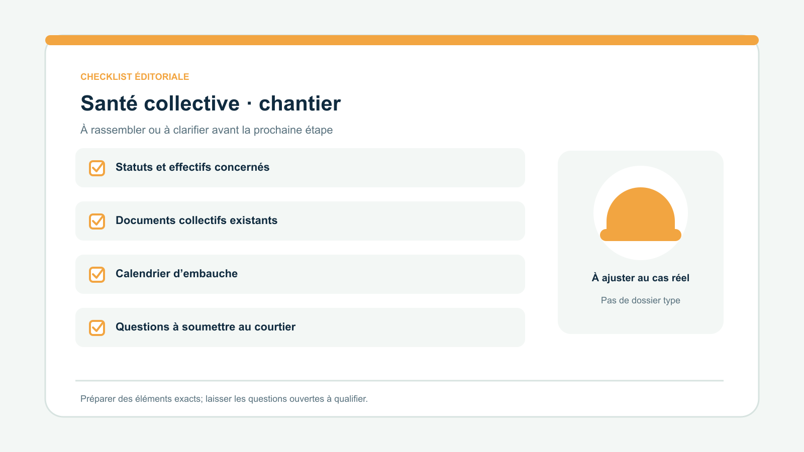Checklist vectorielle originale de quatre points à examiner pour santé collective · chantier : Statuts et effectifs concernés; Documents collectifs existants; Calendrier d’embauche; Questions à soumettre au courtier. À adapter à la situation réelle.