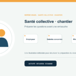 Illustration vectorielle originale représentant santé collective · chantier avec un symbole éditorial et trois repères de préparation; aucun client, contrat ou résultat réel n’est représenté.