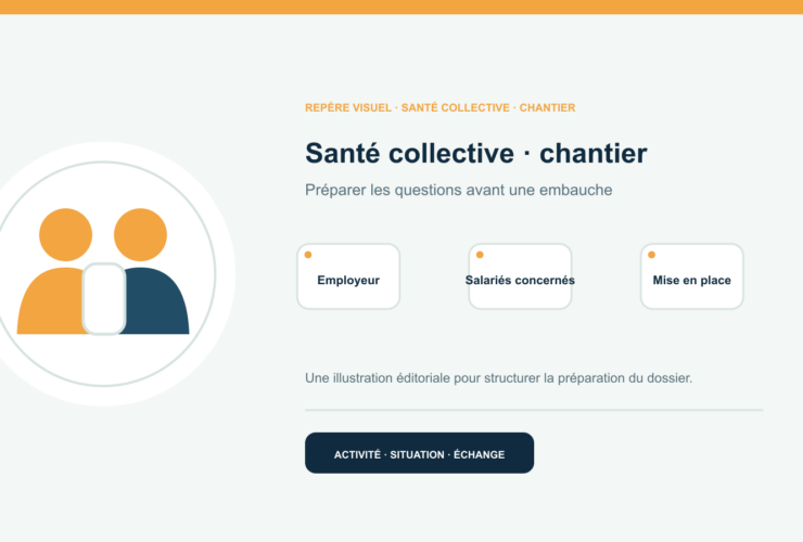 Illustration vectorielle originale représentant santé collective · chantier avec un symbole éditorial et trois repères de préparation; aucun client, contrat ou résultat réel n’est représenté.
