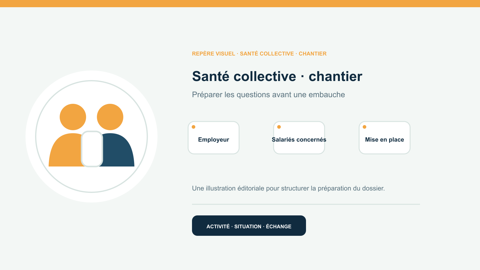 Illustration vectorielle originale représentant santé collective · chantier avec un symbole éditorial et trois repères de préparation; aucun client, contrat ou résultat réel n’est représenté.