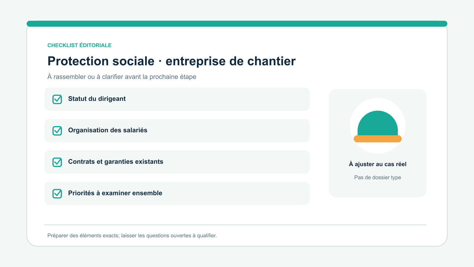 Checklist vectorielle originale de quatre points à examiner pour protection sociale · entreprise de chantier : Statut du dirigeant; Organisation des salariés; Contrats et garanties existants; Priorités à examiner ensemble. À adapter à la situation réelle.