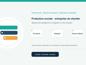 Illustration vectorielle originale représentant protection sociale · entreprise de chantier avec un symbole éditorial et trois repères de préparation; aucun client, contrat ou résultat réel n’est représenté.