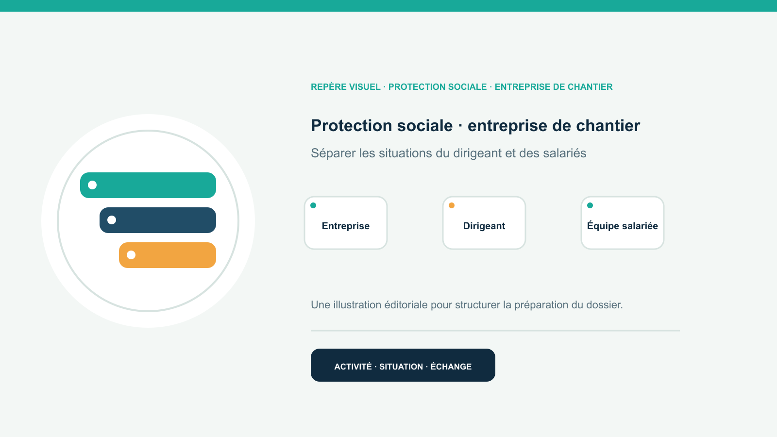Illustration vectorielle originale représentant protection sociale · entreprise de chantier avec un symbole éditorial et trois repères de préparation; aucun client, contrat ou résultat réel n’est représenté.