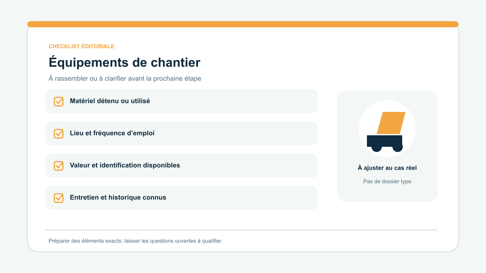 Checklist vectorielle originale de quatre points à examiner pour équipements de chantier : Matériel détenu ou utilisé; Lieu et fréquence d’emploi; Valeur et identification disponibles; Entretien et historique connus. À adapter à la situation réelle.