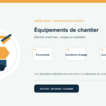 Illustration vectorielle originale représentant équipements de chantier avec un symbole éditorial et trois repères de préparation; aucun client, contrat ou résultat réel n’est représenté.
