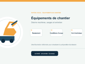 Illustration vectorielle originale représentant équipements de chantier avec un symbole éditorial et trois repères de préparation; aucun client, contrat ou résultat réel n’est représenté.