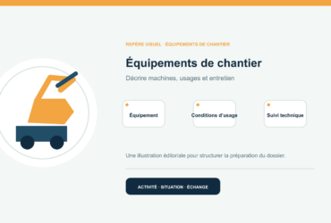 Illustration vectorielle originale représentant équipements de chantier avec un symbole éditorial et trois repères de préparation; aucun client, contrat ou résultat réel n’est représenté.