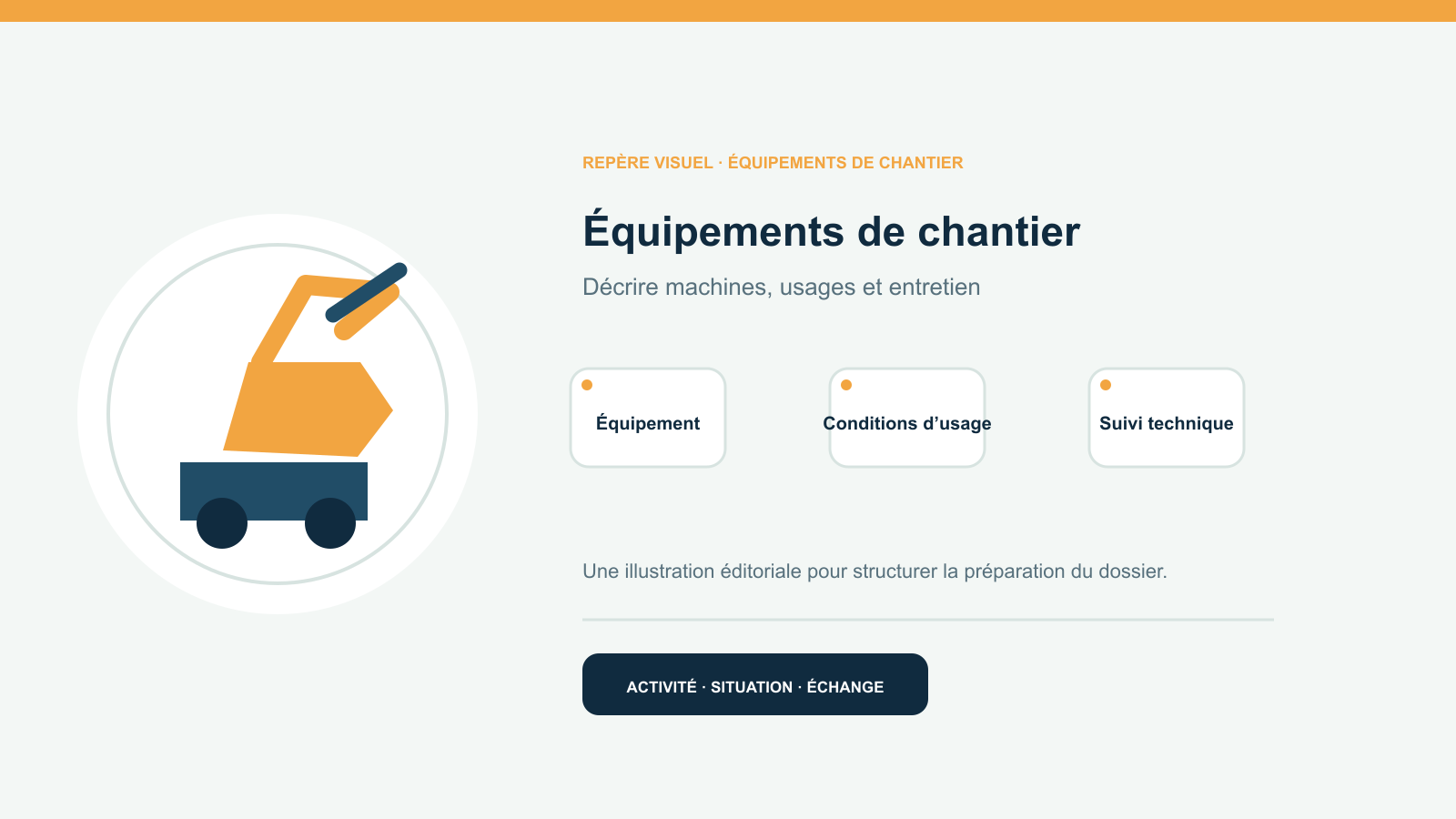 Illustration vectorielle originale représentant équipements de chantier avec un symbole éditorial et trois repères de préparation; aucun client, contrat ou résultat réel n’est représenté.